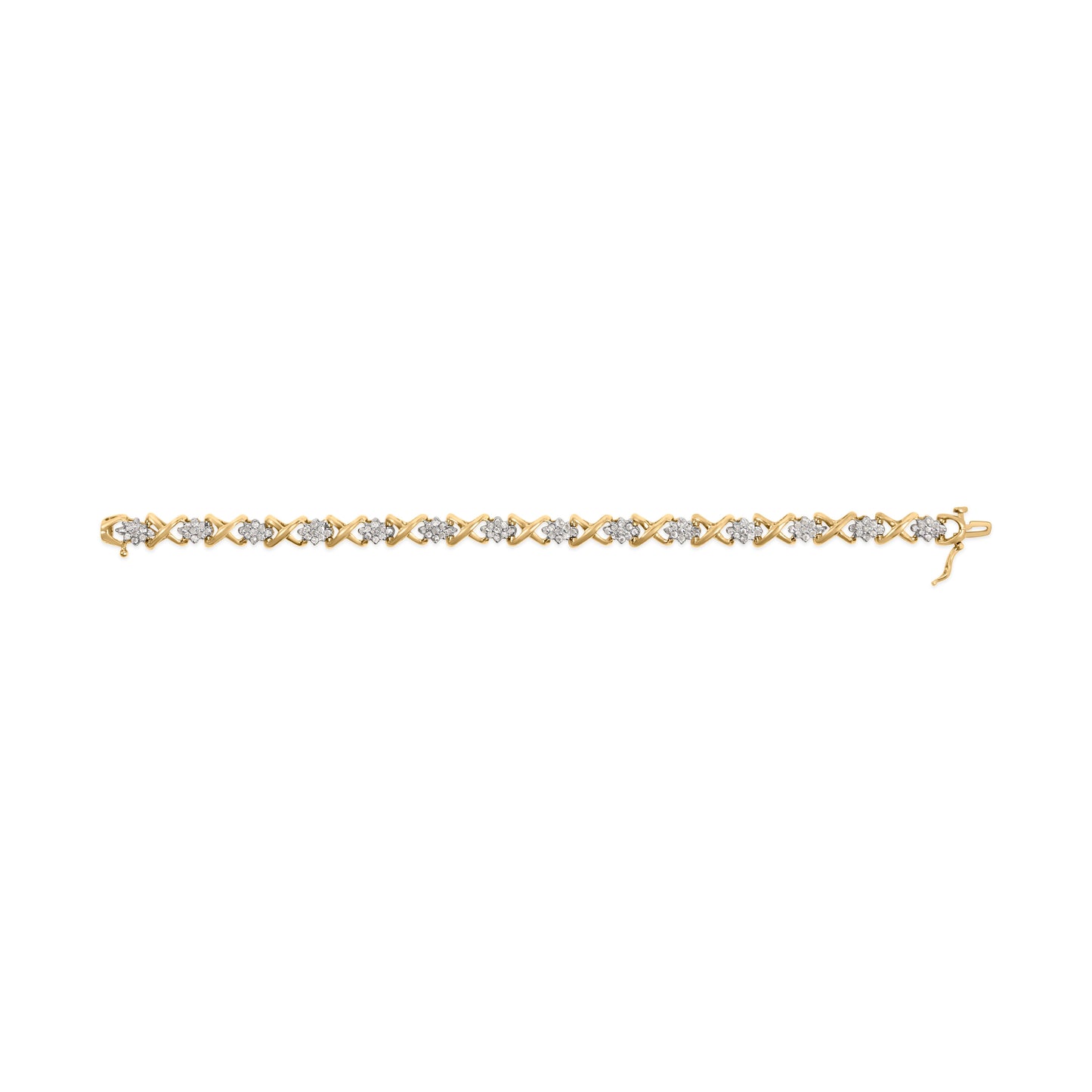 10k Yellow Gold 2.00 Cttw Diamond Cluster and Alternating "X" Link Bracelet (I-J Color, I3 Clarity) - 7"
