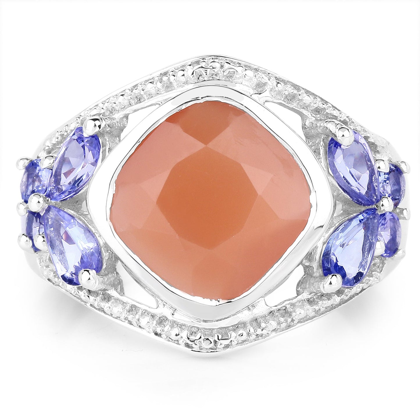 4.67 Carat Genuine Peach Moonstone and Tanzanite .925 Sterling Silver Ring