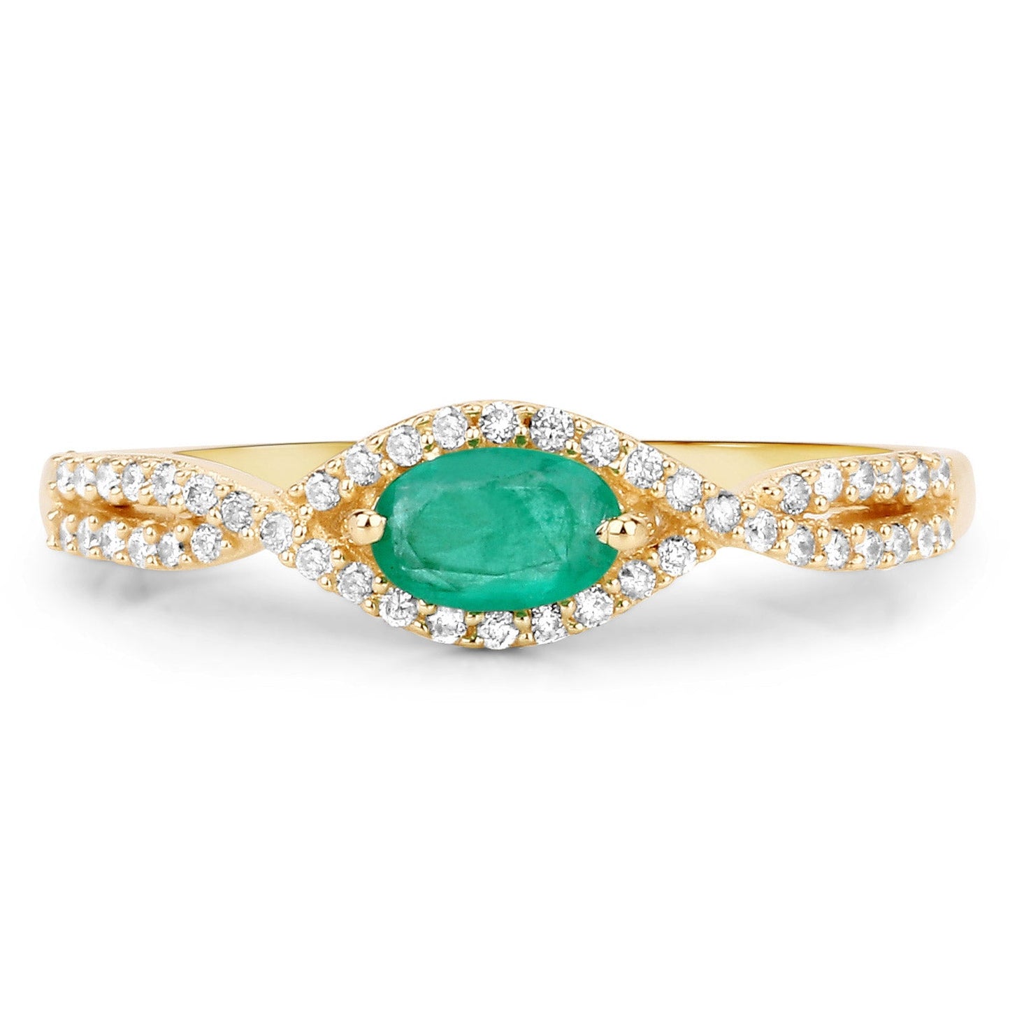 0.32 Carat Genuine Zambian Emerald and White Diamond 14K Yellow Gold Ring