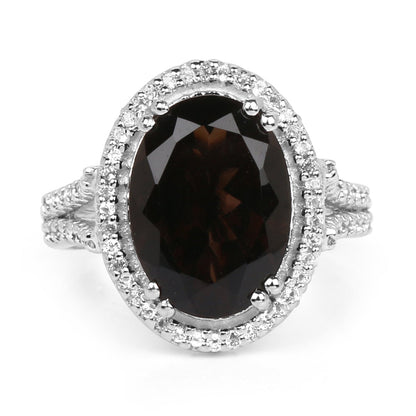 5.80 Carat Genuine Smoky Quartz & White Topaz .925 Sterling Silver Ring