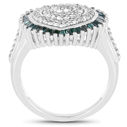 0.74 Carat Genuine White Diamond and Green Diamond .925 Sterling Silver Ring