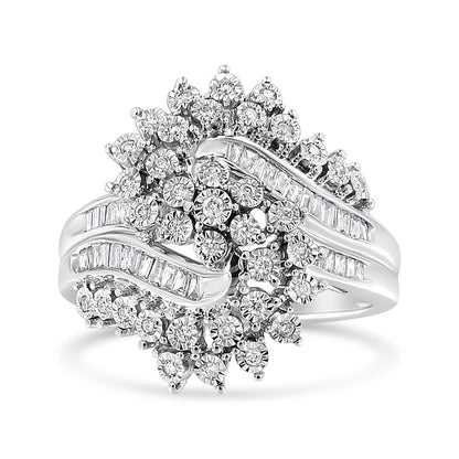 10K White Gold 1/2 Cttw Round and Baguette-Cut "S" Shaped Bypass Cocktail Ring (I-J Color, I1-I2 Clarity) - Size 7