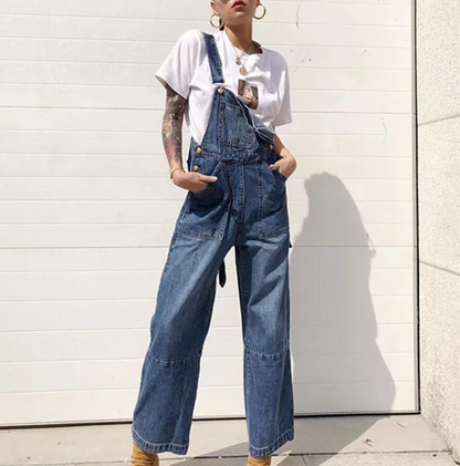 Loose Pocket Overalls Denim Pants