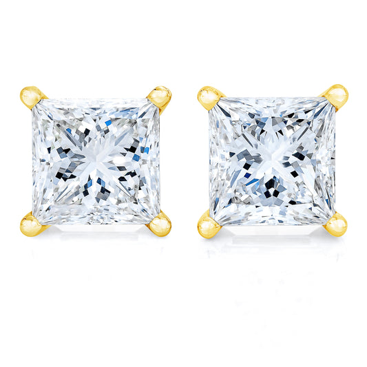 Boucles d'oreilles solitaires classiques à 4 griffes en or jaune 14 carats, diamants taille princesse carrée 0,25 carat (H-I couleur, I1-I2 pureté)