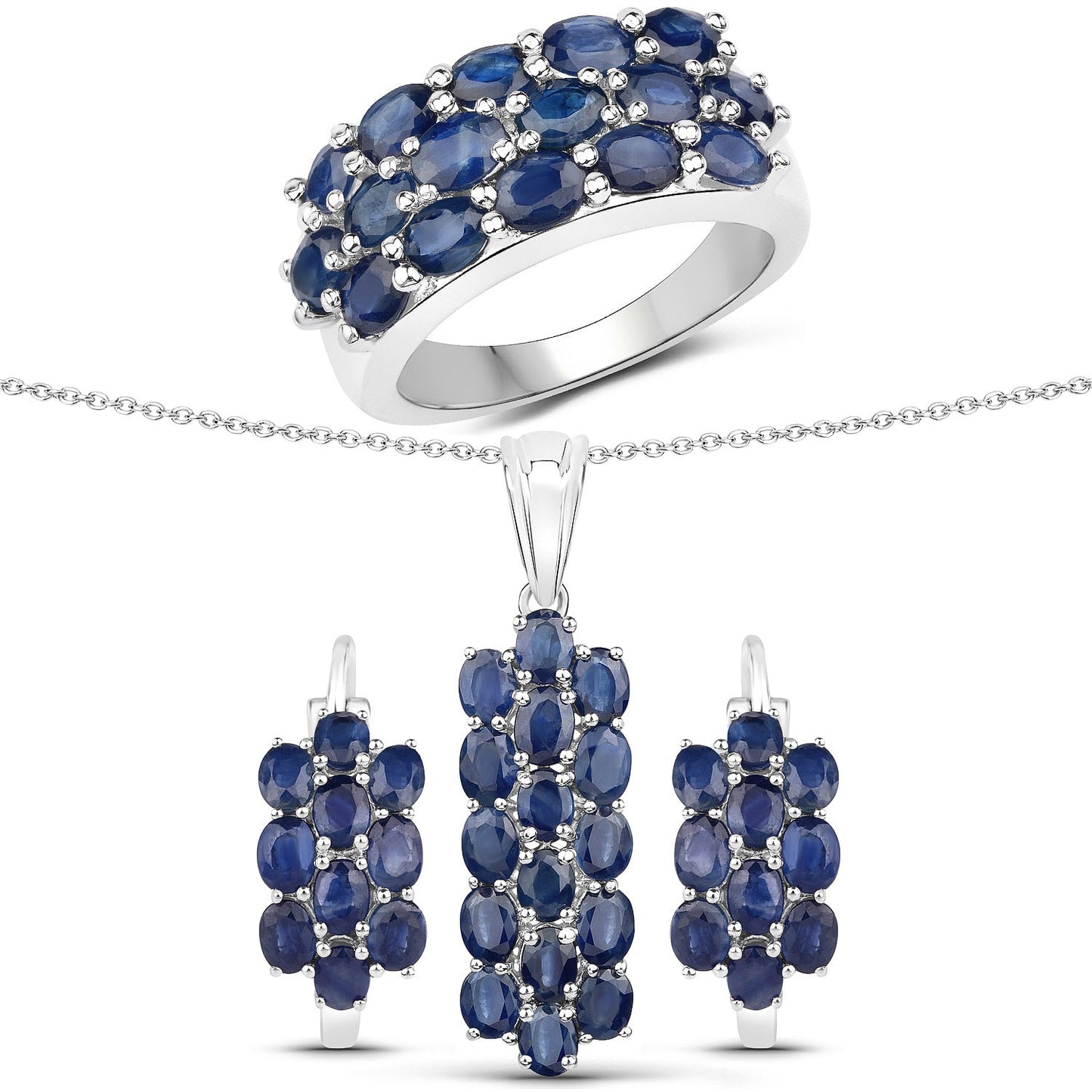 10.40 Carat Genuine Blue Sapphire .925 Sterling Silver 3 Piece Jewelry Set (Ring, Earrings, and Pendant w/ Chain)