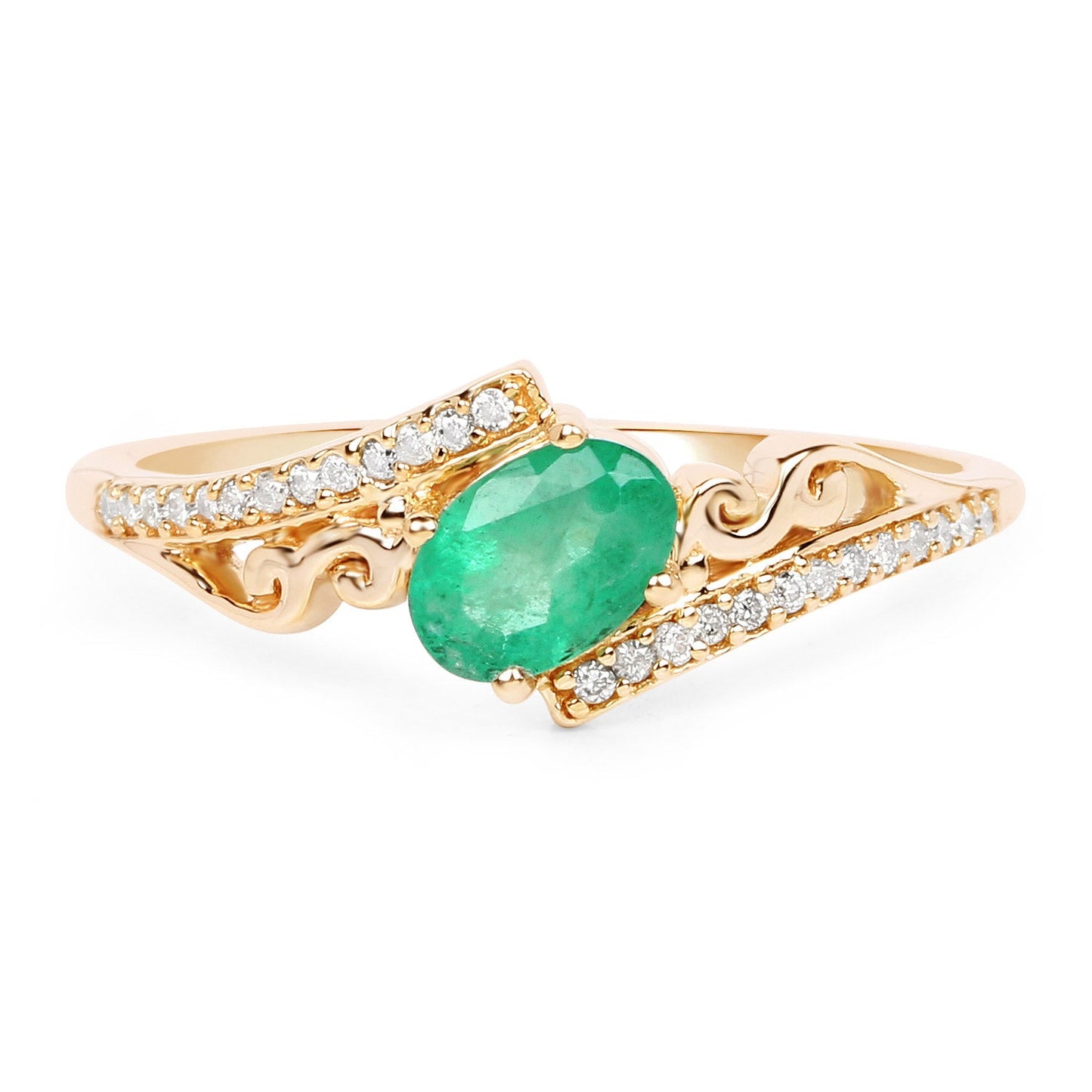 0.51 Carat Genuine Zambian Emerald and White Diamond 14K Yellow Gold Ring