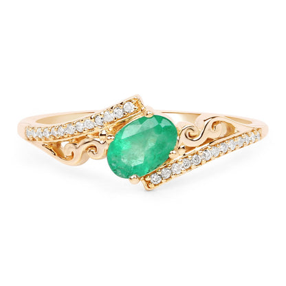 0.51 Carat Genuine Zambian Emerald and White Diamond 14K Yellow Gold Ring