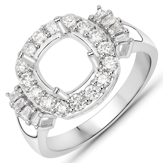 0.73 Carat Genuine White Diamond 14K White Gold Semi Mount Ring - holds 8x8mm Cushion Gemstone