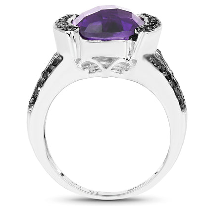 3.24 Carat Genuine Amethyst & Black Diamond .925 Sterling Silver Ring