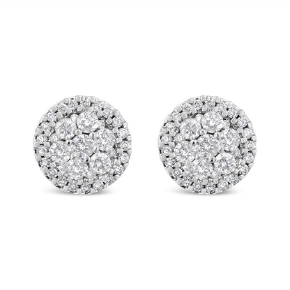 14K White Gold 1.0 Cttw Brilliant-Cut Diamond Halo-Style Cluster Round Button Stud Earrings (H-I Color, I1-I2 Clarity)