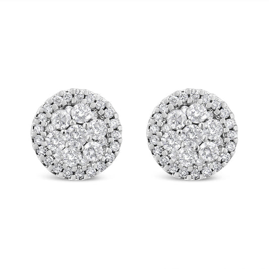 Boutons d'oreilles ronds style pavé de diamants taille brillant 1,0 carat (poids total) en or blanc 14 carats (couleur H-I, pureté I1-I2)