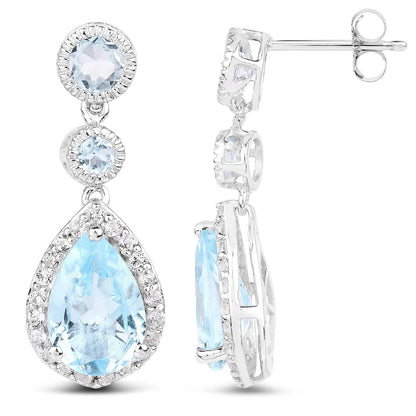 9.46 Carat Genuine Blue Topaz and White Topaz .925 Sterling Silver Earrings
