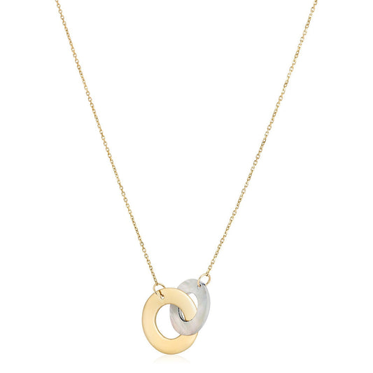 Collier en or jaune 14 carats, cercles de nacre entrelacés, finition polie