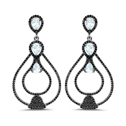 8.81 Carat Genuine Blue Topaz and Black Spinel .925 Sterling Silver Earrings