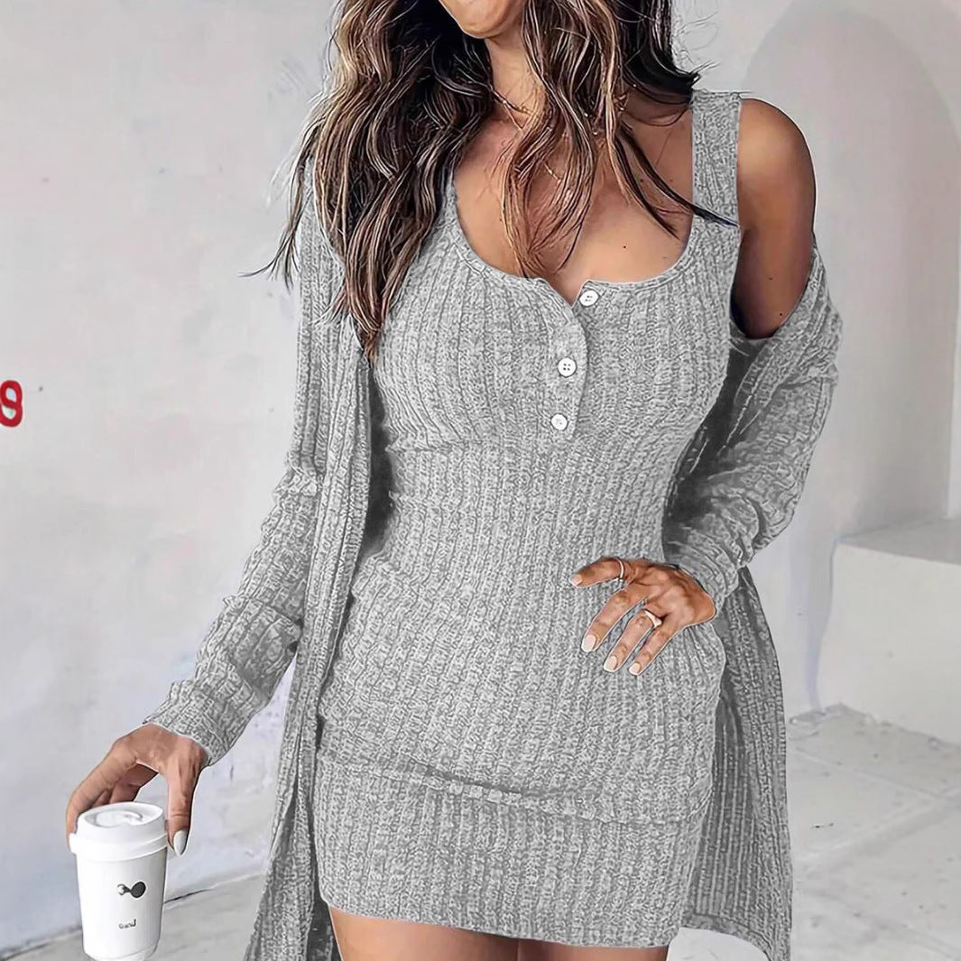 2026 Autumn And Winter Dress And Jacket Two-Piece Set, Sexy Slim-Fit Solid Color Ribbed Tank Dress For Women