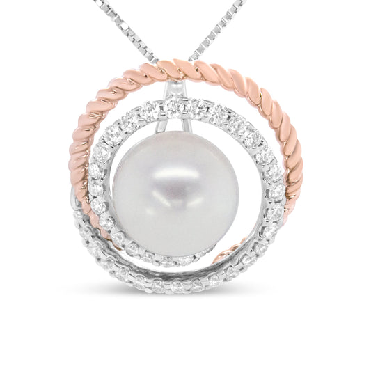 Collier pendentif 18" en or rose et blanc 14K, diamants pavés 3/8 Cttw et perle ronde 9mm, motif ajouré en spirale - (Couleur H-I, Clarté VS1-VS2)