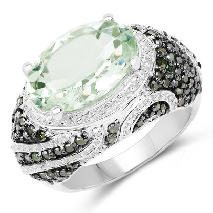5.98 Carat Genuine Green Amethyst & Green Diamond .925 Sterling Silver Ring