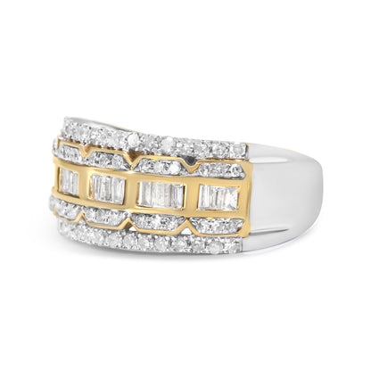 10K White and Yellow Gold 1.00 Cttw Baguette and Round cut Diamond Art Deco Multi-Row Ring Band (I-J Color, I1-I2 Clarity) - Ring Size 7