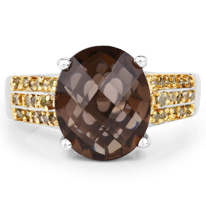 4.87 Carat Genuine Smoky Quartz and Yellow Diamond .925 Sterling Silver Ring