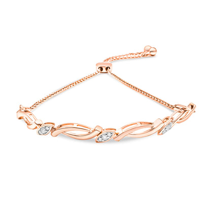 14K Rose Gold Plated .925 Sterling Silver 1/10 Cttw Diamond Alternating Swirl link Bolo Bracelet (I-J Color, I2-I3 Clarity) - 6" to 9" Adjustable