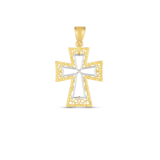 Pendentif croix bicolore en or 14 carats, finition polie, taille diamant