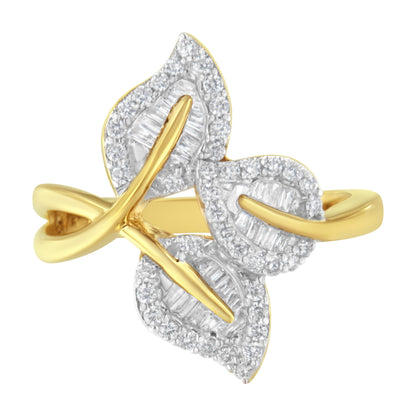 10k Yellow and White Gold 1/2 Cttw Baguette and Round Diamond Bypass Triple Leaf Ring (I-J Color, I1-I2 Clarity) - Size 7