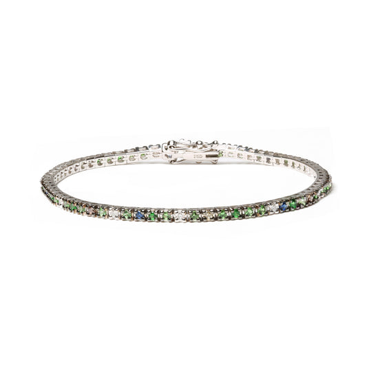 Bracelet tennis multicolore en or blanc 18 carats avec diamants 3/8 carats, saphirs bleus et tsavorites vertes (couleur marron et G-H, pureté SI1-SI2) - Taille 7"