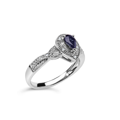 .925 Sterling Silver 6x4mm Pear Sapphire Gemstone with Diamond Accent Fashion Halo Ring (H-I Color, SI1-SI2 Clarity) - Size 7