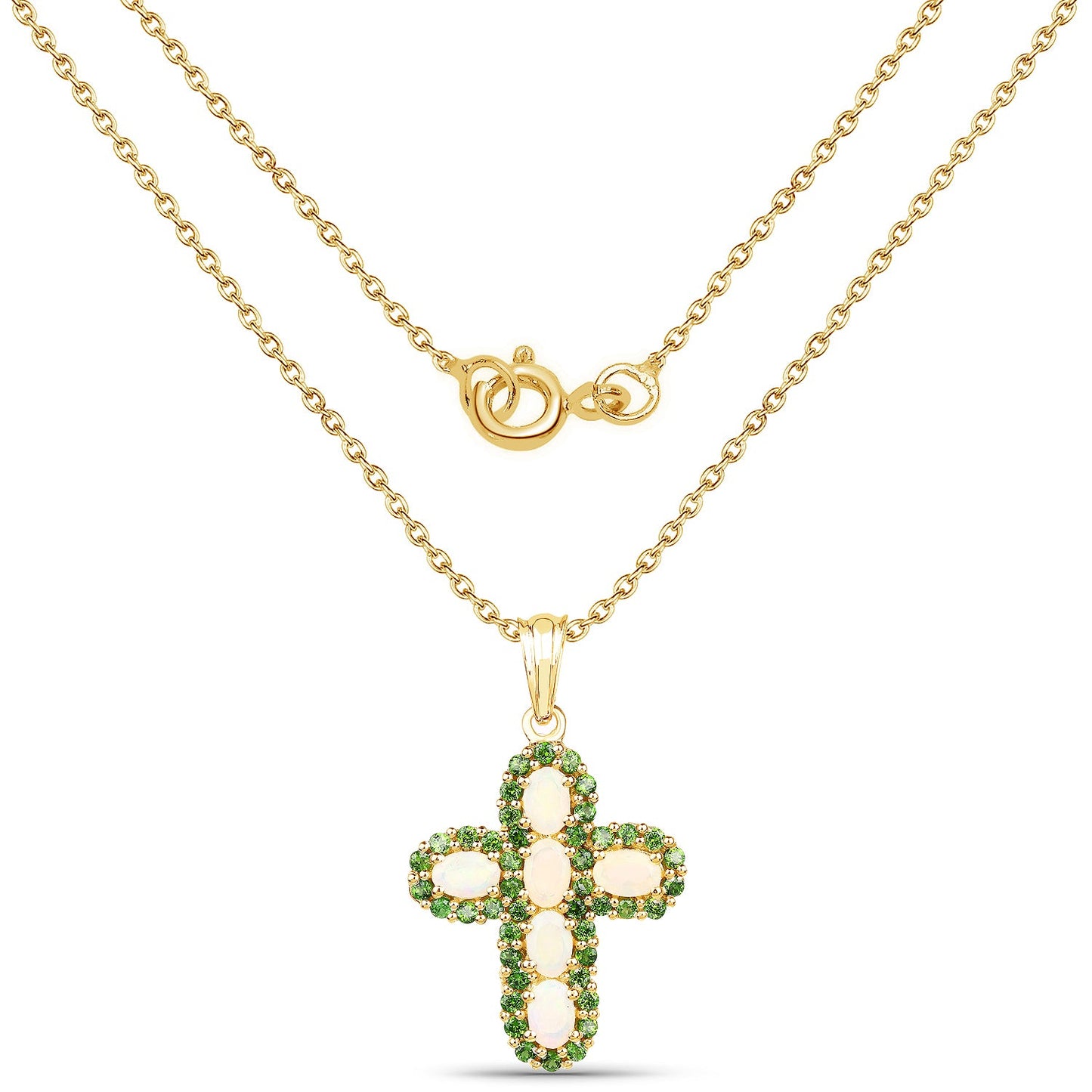14K Yellow Gold Plated 3.11 Carat Genuine Ethiopian Opal and Chrome Diopside .925 Sterling Silver Pendant
