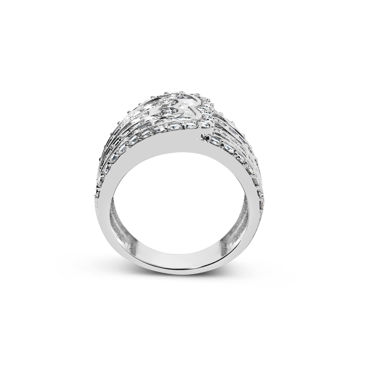 10K White Gold 2 1/2 Cttw Round and Baguette-Cut Diamond Multi-Row Bypass Ring (J-K Color, I2-I3 Clarity) - Ring Size 7