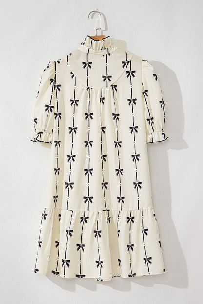 Frill Bow Print Notched Short Sleeve Mini Dress