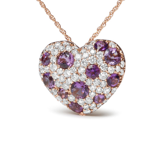 Collier pendentif en or rose 18 carats avec diamants 0,75 carat et améthystes violettes, en forme de cœur, 45 cm (couleur G-H, pureté SI1-SI2)