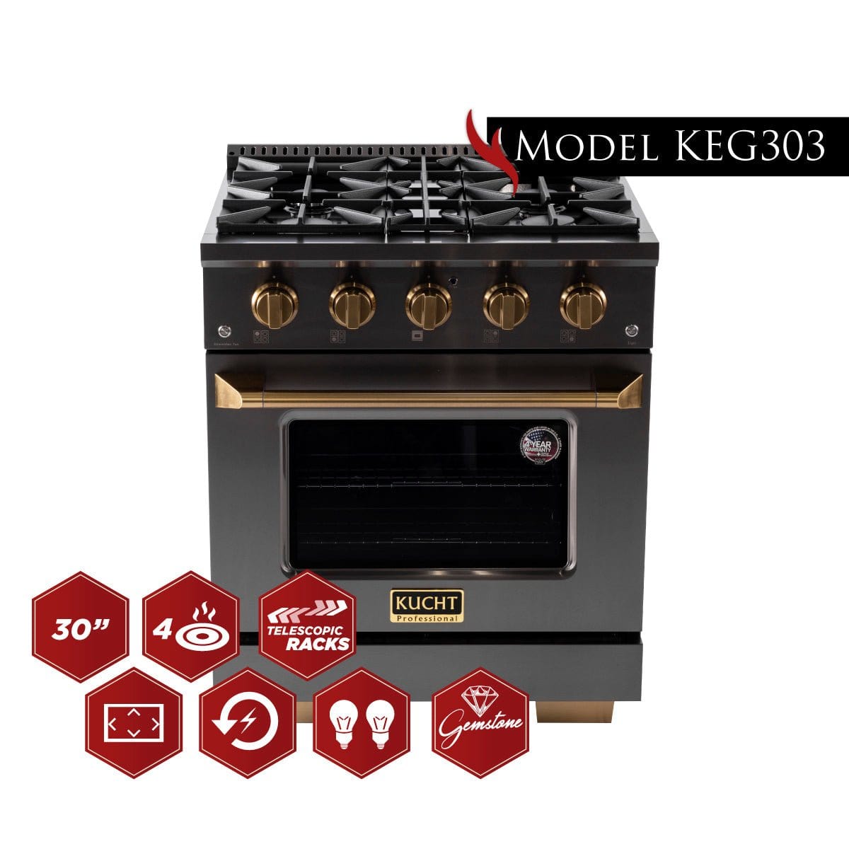 Kucht Gemstone Professional 30 in. 4.2 cu. ft. Propane Gas Range with Sealed Burners and Convection Oven in Titanium Stainless Steel KEG303/LP