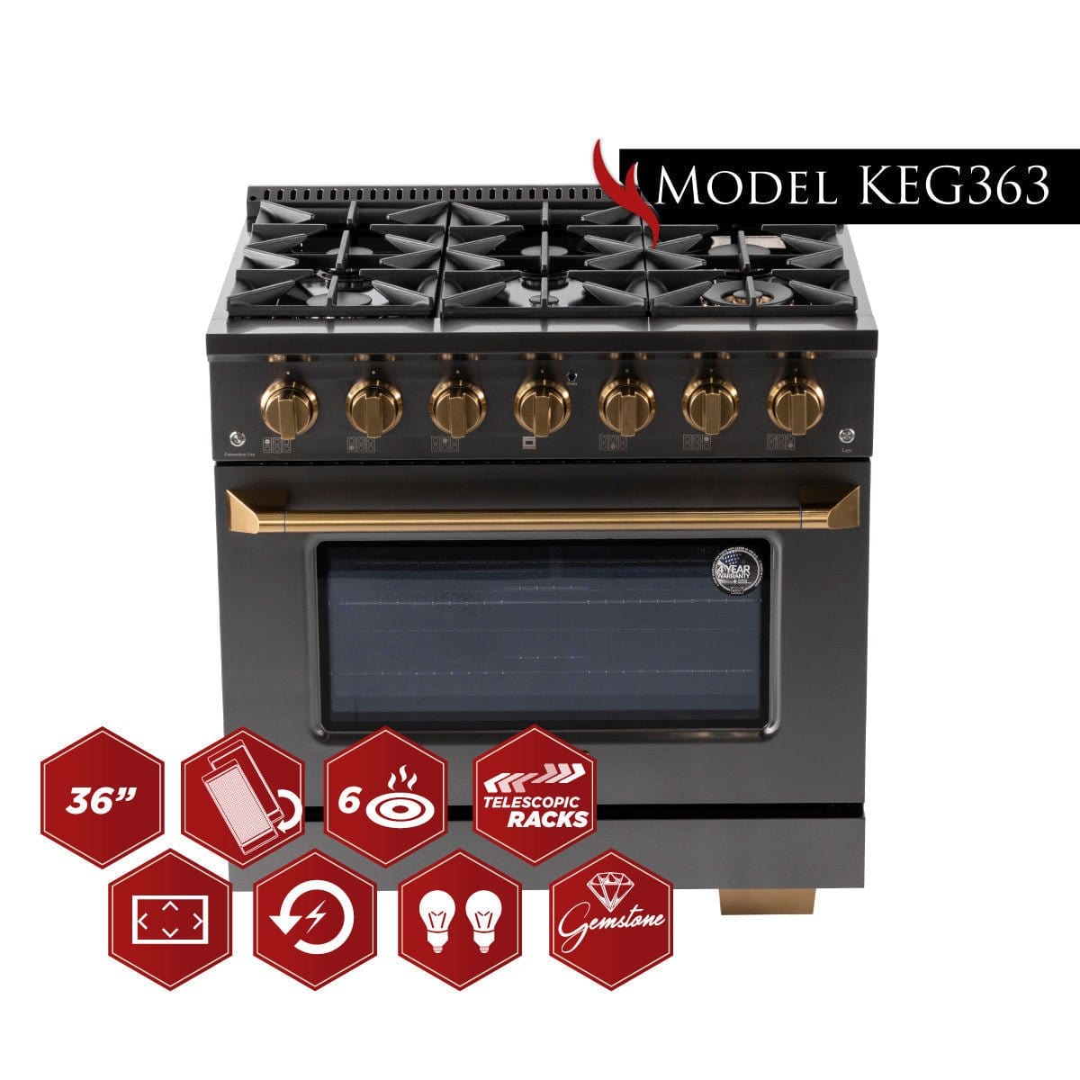 Kucht Gemstone Professional 36 in. 5.2 cu. ft. Propane Gas Range with Sealed Burners and Convection Oven in Titanium Stainless Steel KEG363/LP