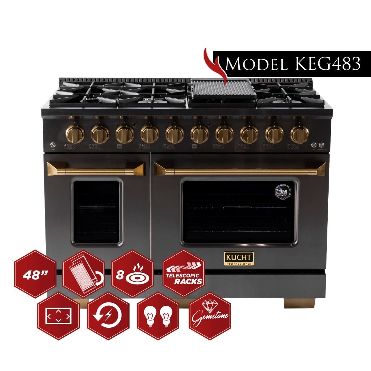 Kucht Gemstone Professional 48 in. 6.7 cu. ft. Natural Gas Range with Sealed Burners, Griddle/Grill and Two Ovens - One Convection - in Titanium Stainless Steel KEG483