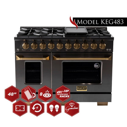 Kucht Gemstone Professional 48 in. 6.7 cu. ft. Natural Gas Range with Sealed Burners, Griddle/Grill and Two Ovens - One Convection - in Titanium Stainless Steel KEG483