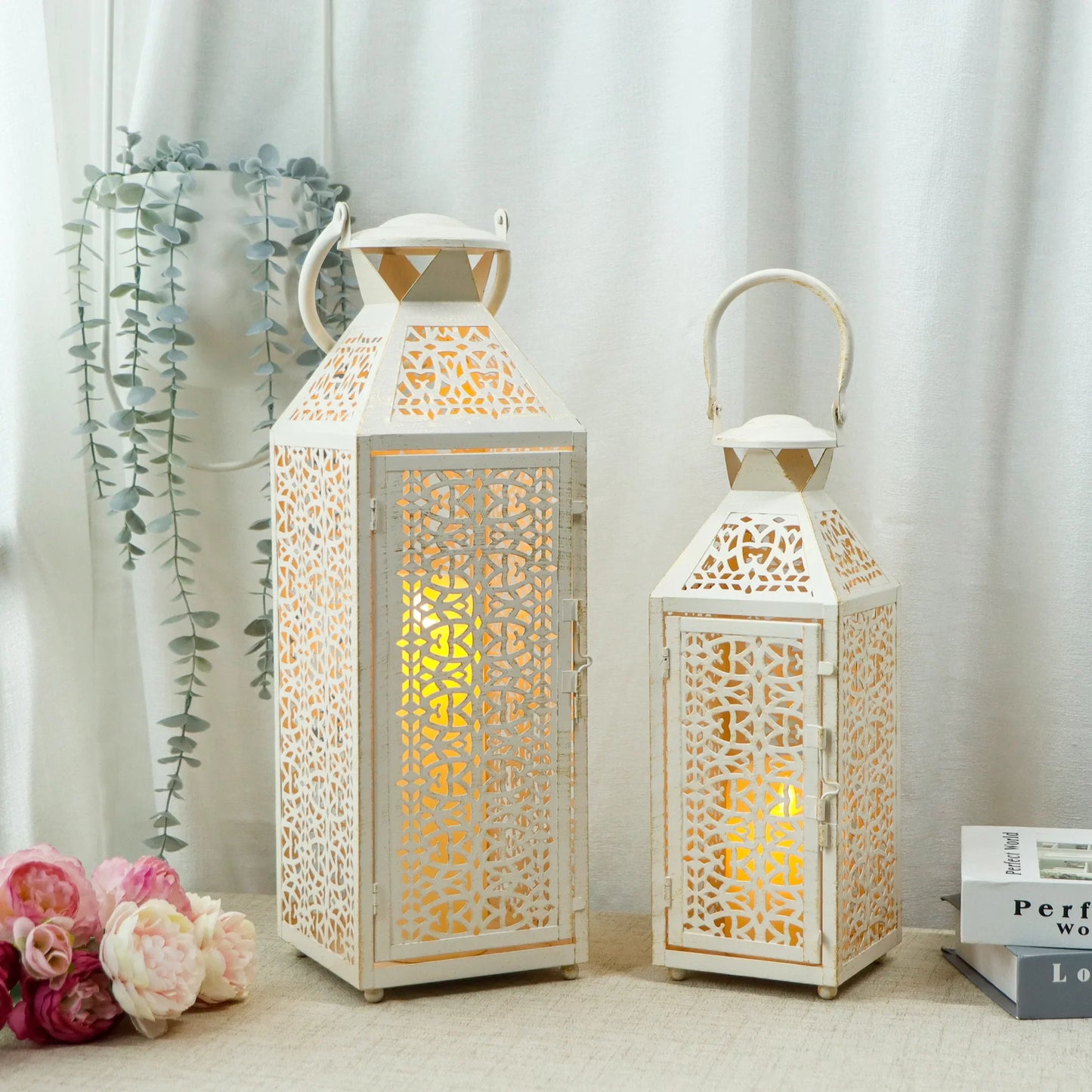 19"&14''H Moroccan Decorative Metal Candle Holders with Hollow Pattern