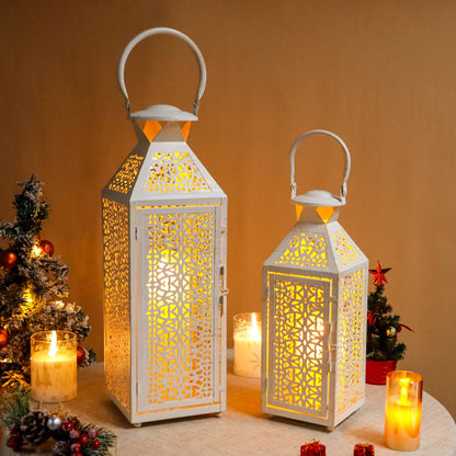 19"&14''H Moroccan Decorative Metal Candle Holders with Hollow Pattern
