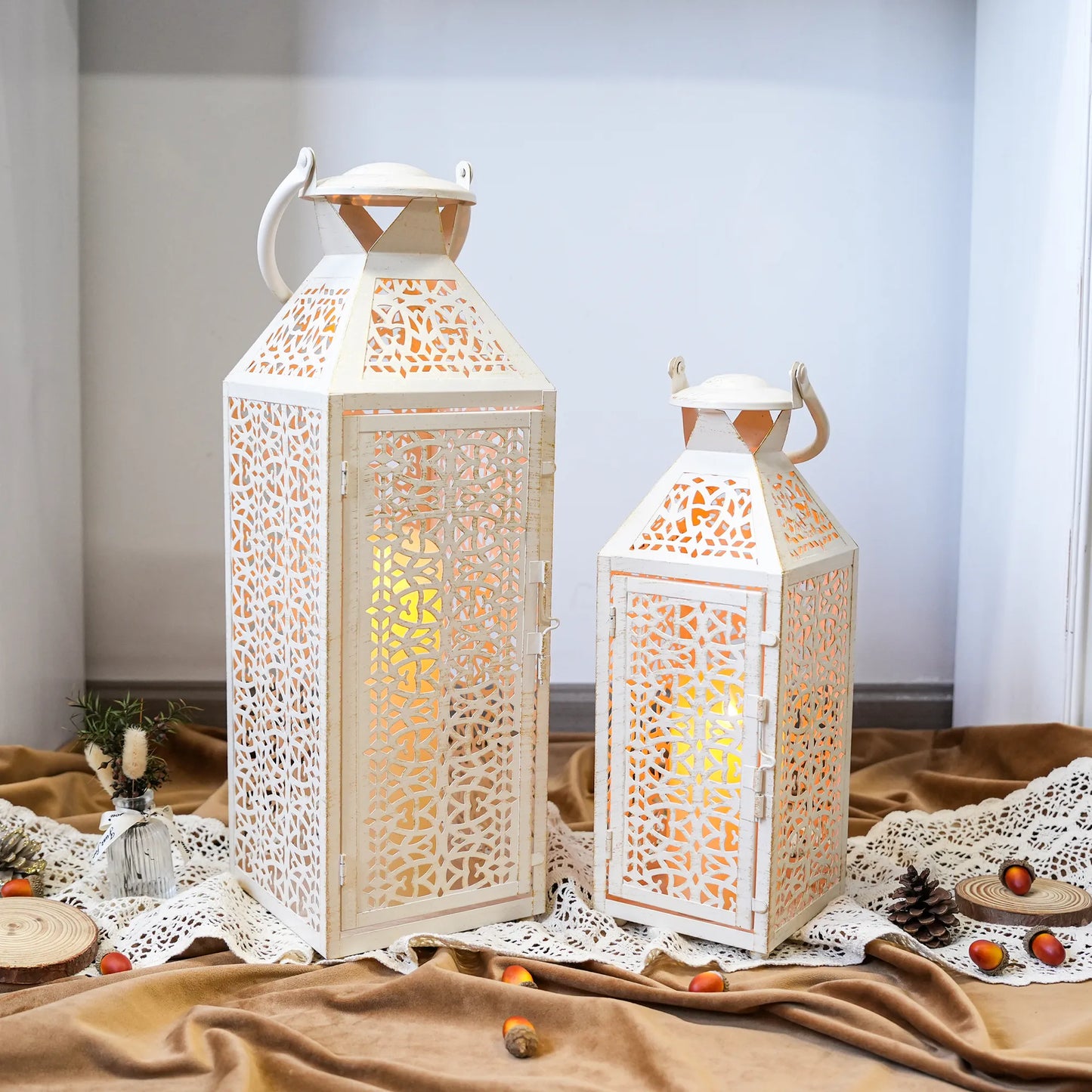 19"&14''H Moroccan Decorative Metal Candle Holders with Hollow Pattern