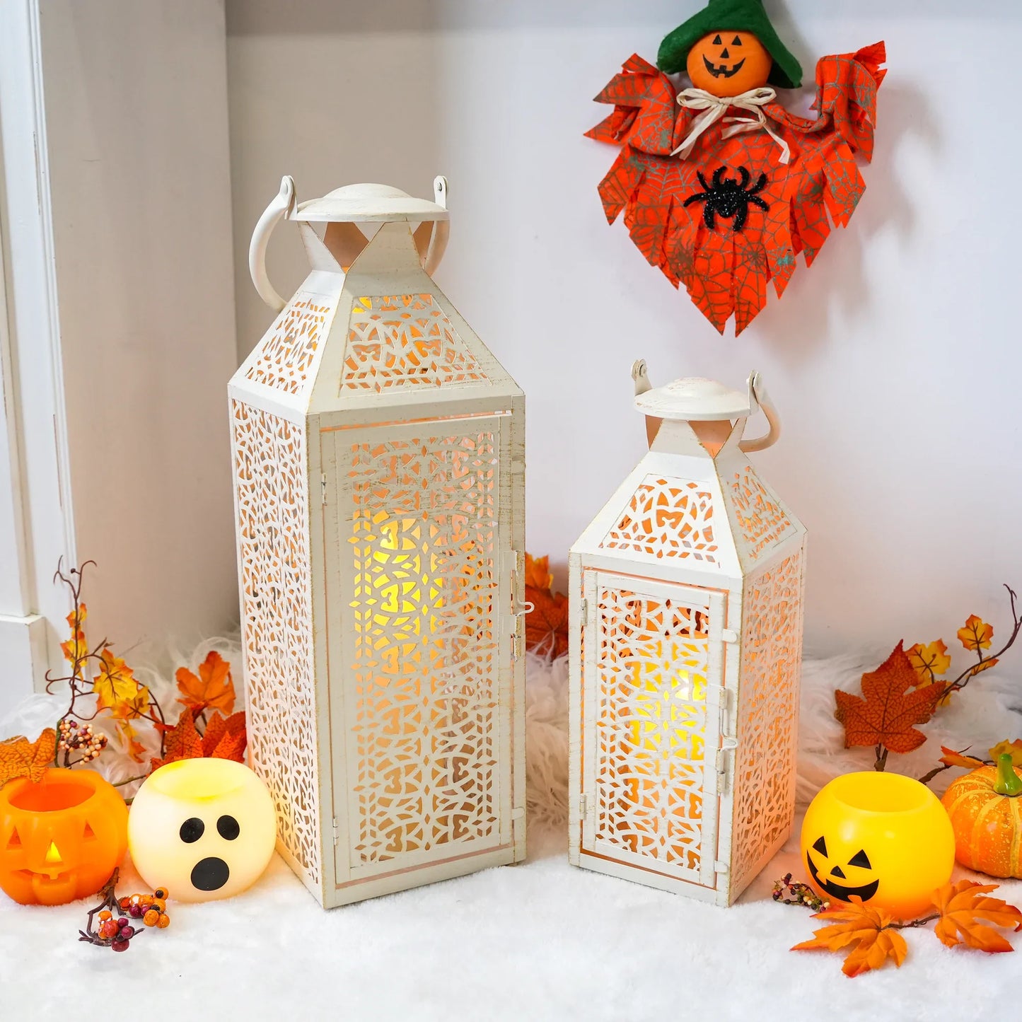 19"&14''H Moroccan Decorative Metal Candle Holders with Hollow Pattern
