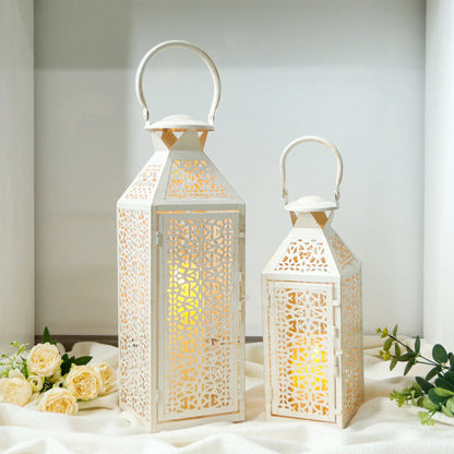 19"&14''H Moroccan Decorative Metal Candle Holders with Hollow Pattern