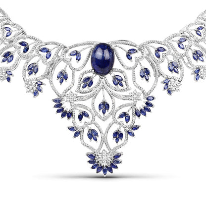 40.93 Carat Genuine Glass Filled Sapphire and White Diamond .925 Sterling Silver Necklace