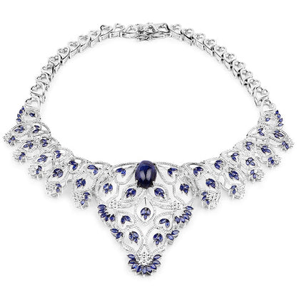 40.93 Carat Genuine Glass Filled Sapphire and White Diamond .925 Sterling Silver Necklace