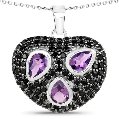3.19 Carat Genuine Amethyst and Black Spinel .925 Sterling Silver Pendant