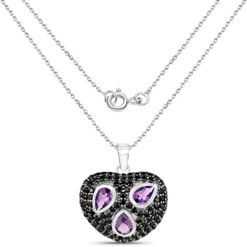 3.19 Carat Genuine Amethyst and Black Spinel .925 Sterling Silver Pendant