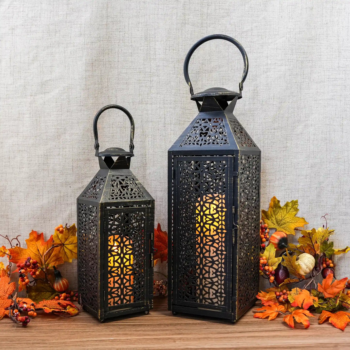 19"&14''H Moroccan Decorative Metal Candle Holders with Hollow Pattern