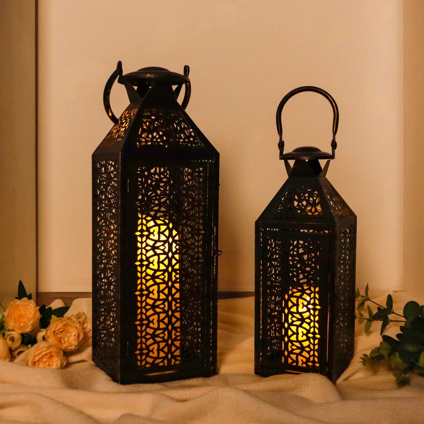 19"&14''H Moroccan Decorative Metal Candle Holders with Hollow Pattern