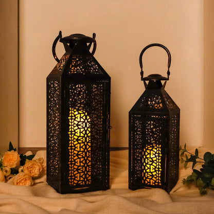 19"&14''H Moroccan Decorative Metal Candle Holders with Hollow Pattern