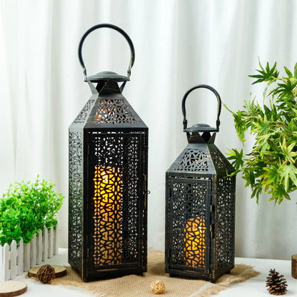 19"&14''H Moroccan Decorative Metal Candle Holders with Hollow Pattern