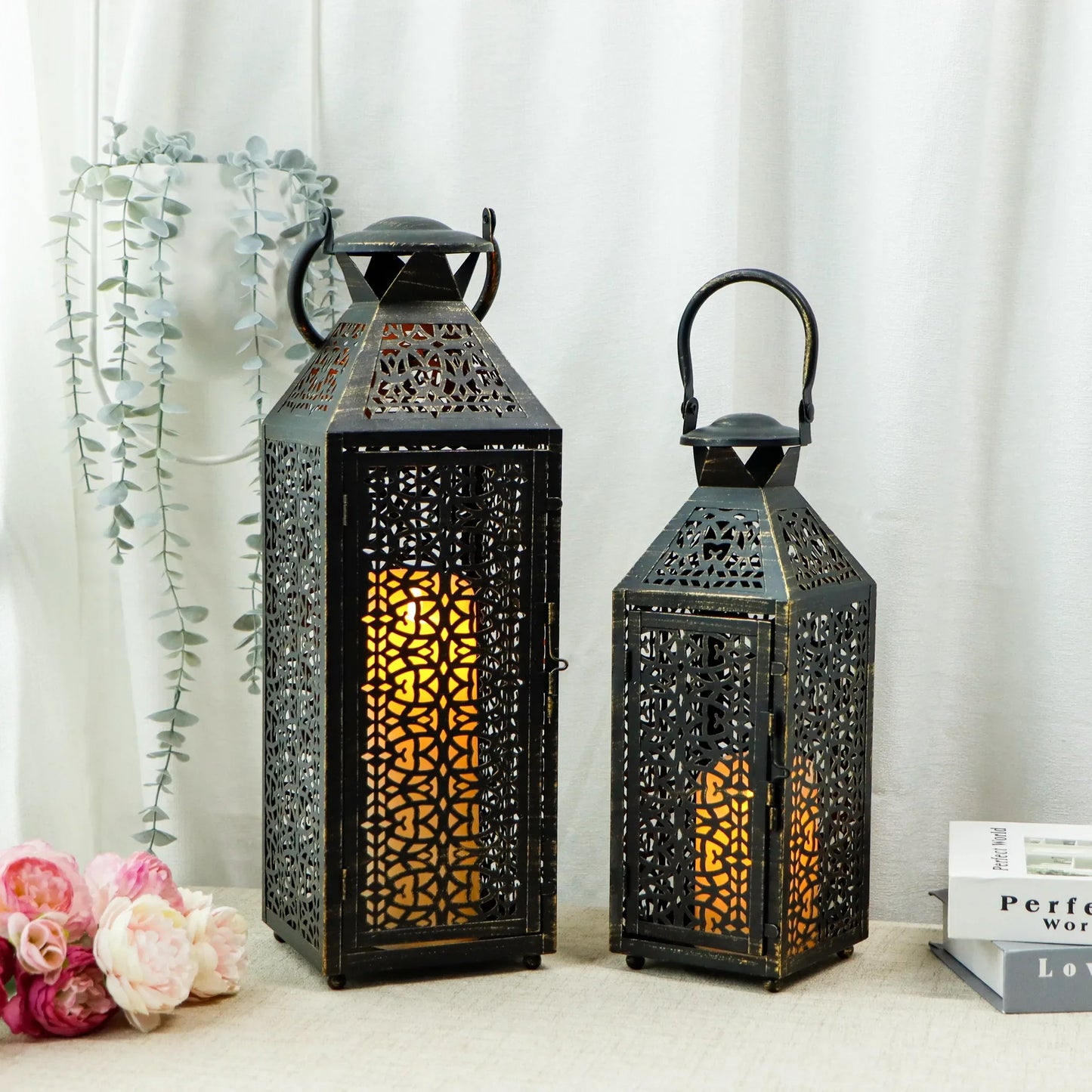 19"&14''H Moroccan Decorative Metal Candle Holders with Hollow Pattern
